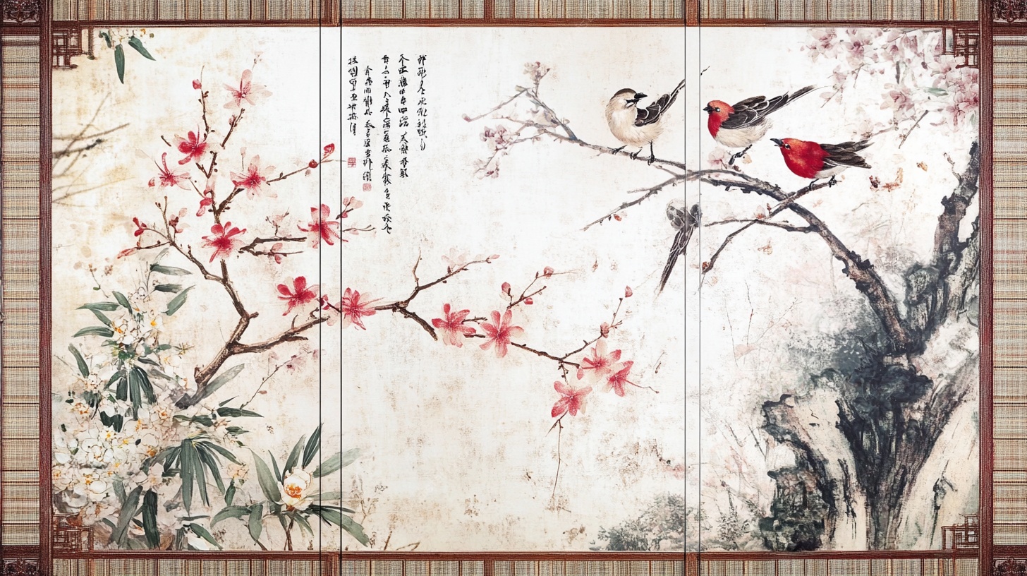 中式花鸟屏风画