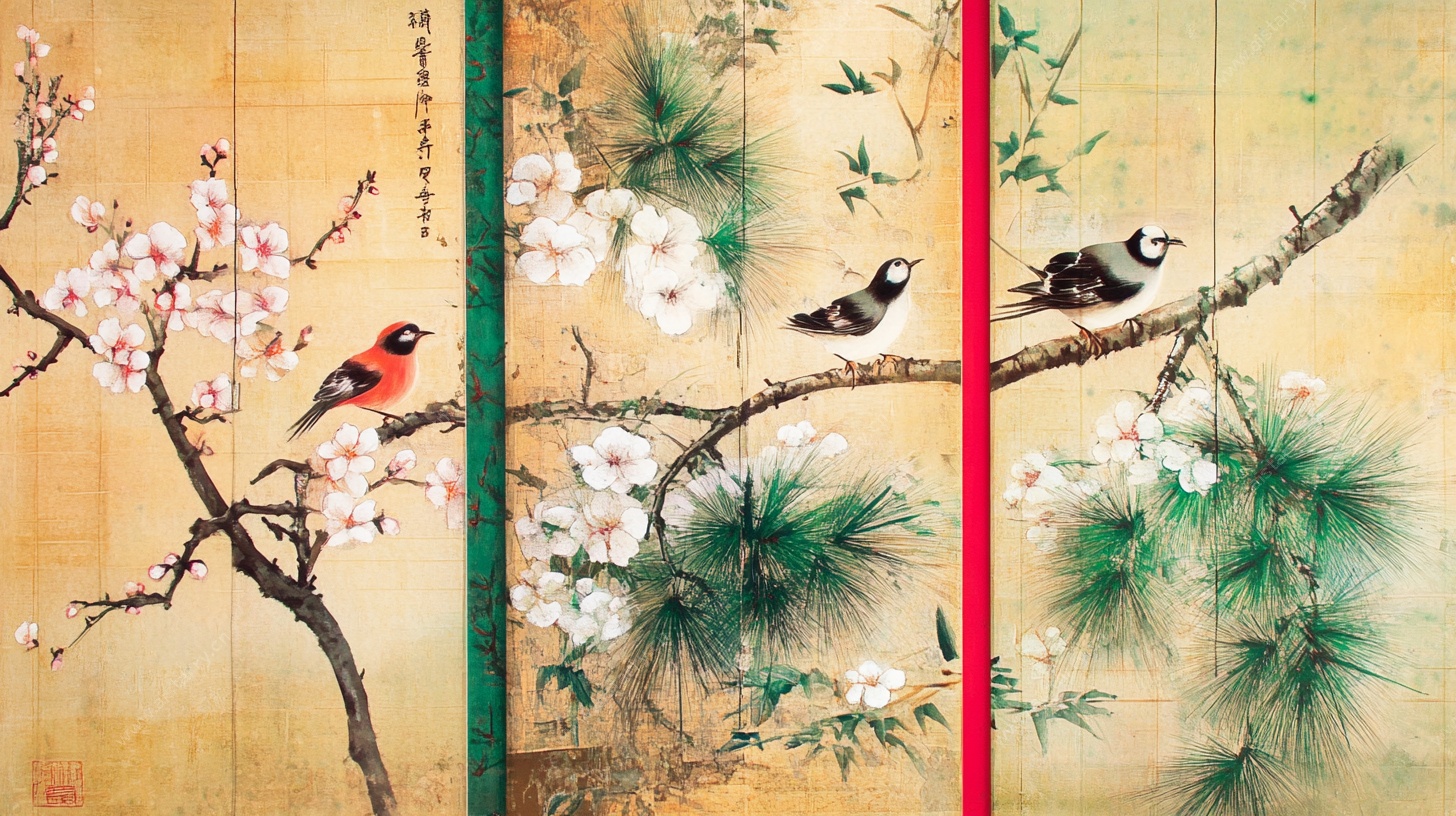 中式花鸟屏风画