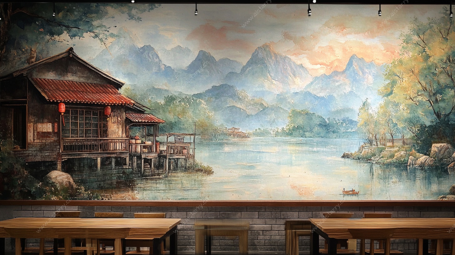 中式山水壁画餐厅场景