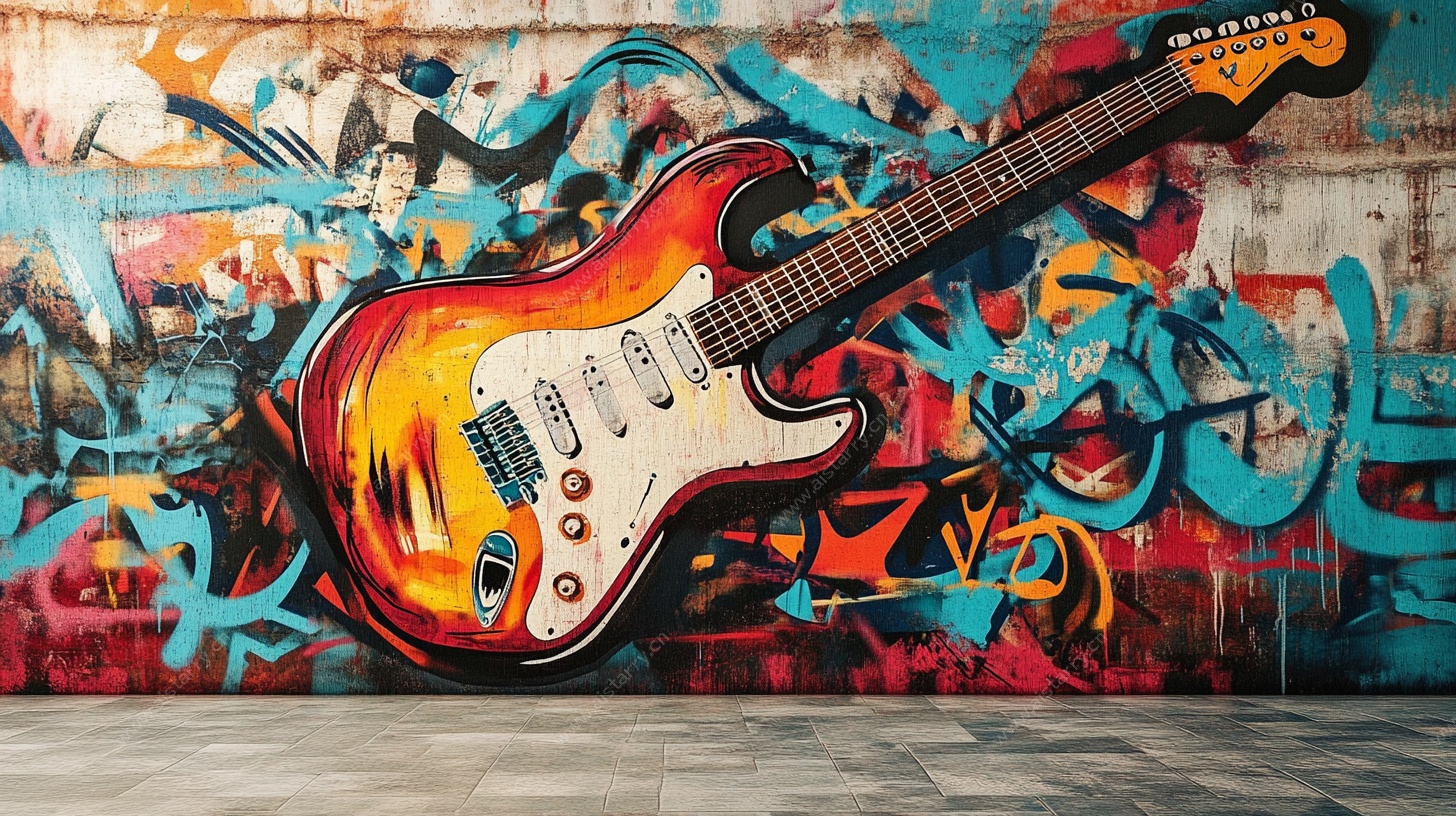 涂鸦墙前的绚丽电吉他