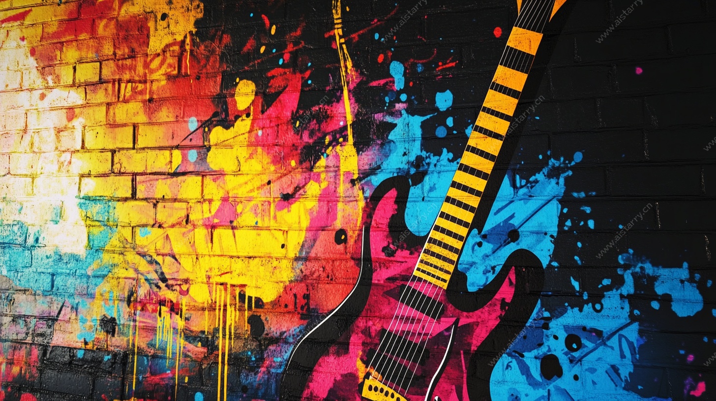 彩色涂鸦吉他墙面艺术