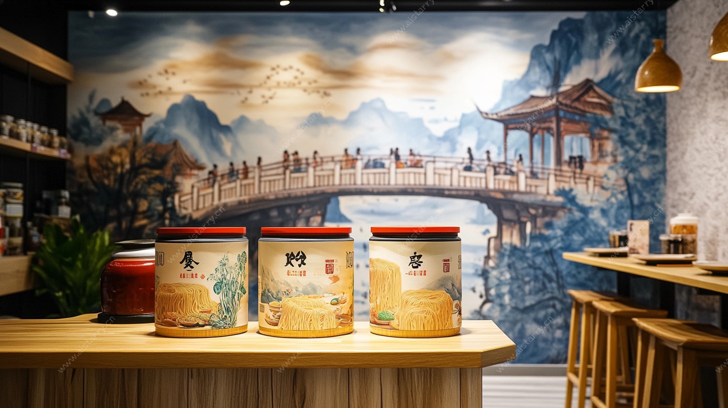 中式面馆柜台与山水壁画