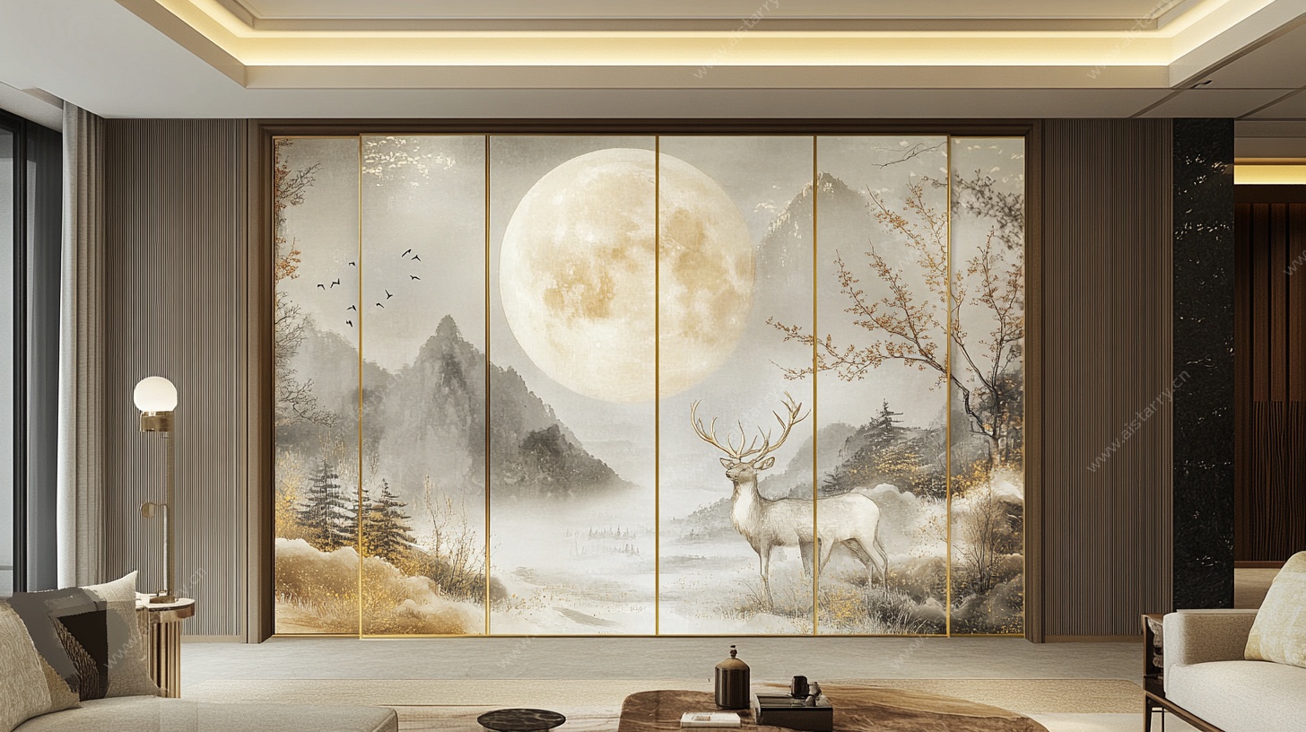 中式客厅山水麋鹿背景墙
