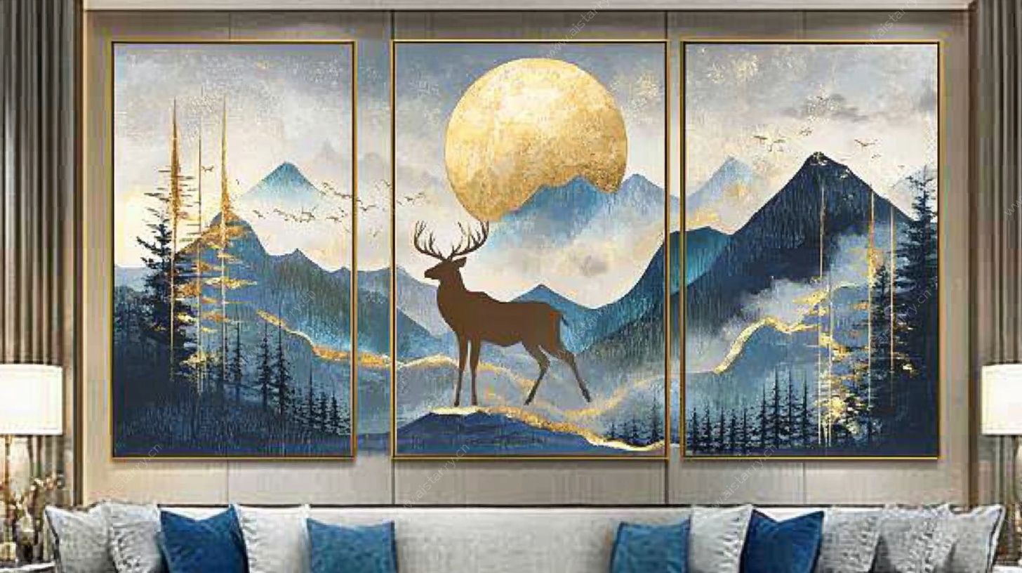 中式山水麋鹿客厅装饰画