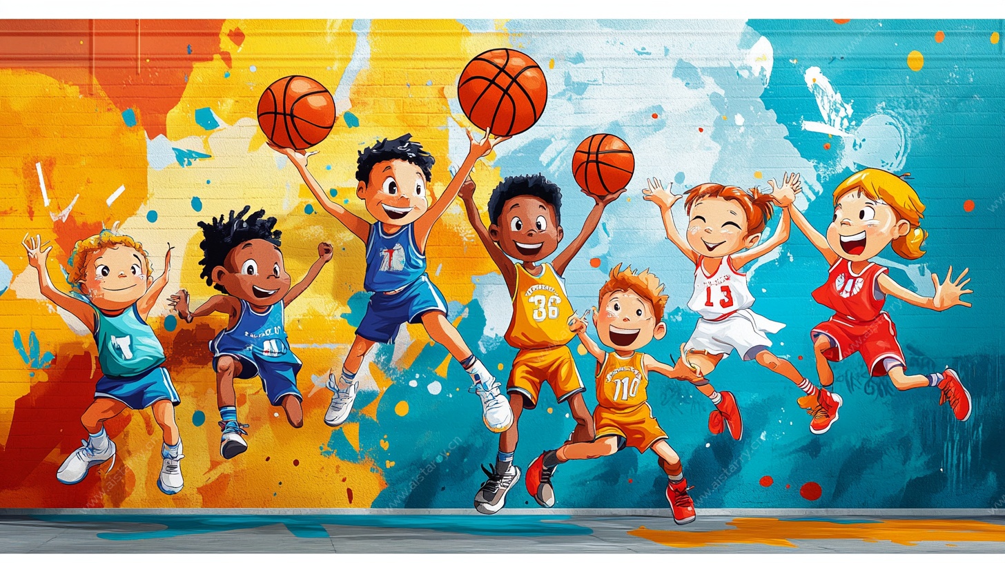 儿童欢乐打篮球插画