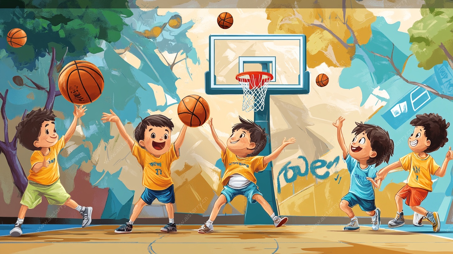 儿童欢快打篮球场景