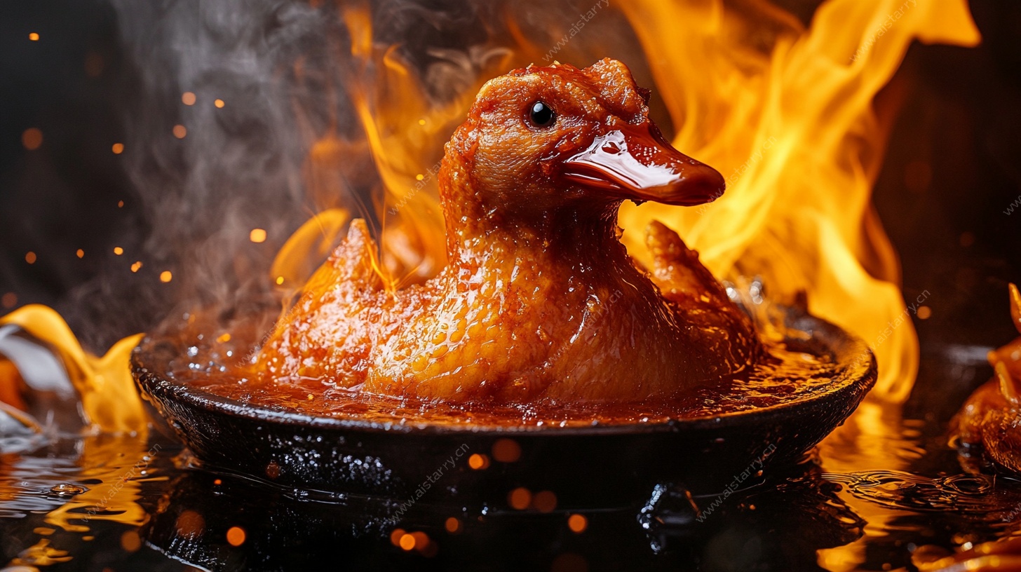 火焰中烹饪的美味烤鸭
