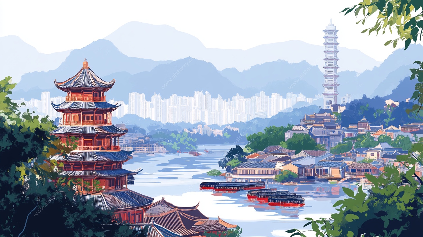 中式山水古城风景插画