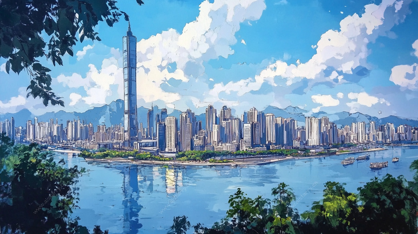 城市河畔天际线绘画美景