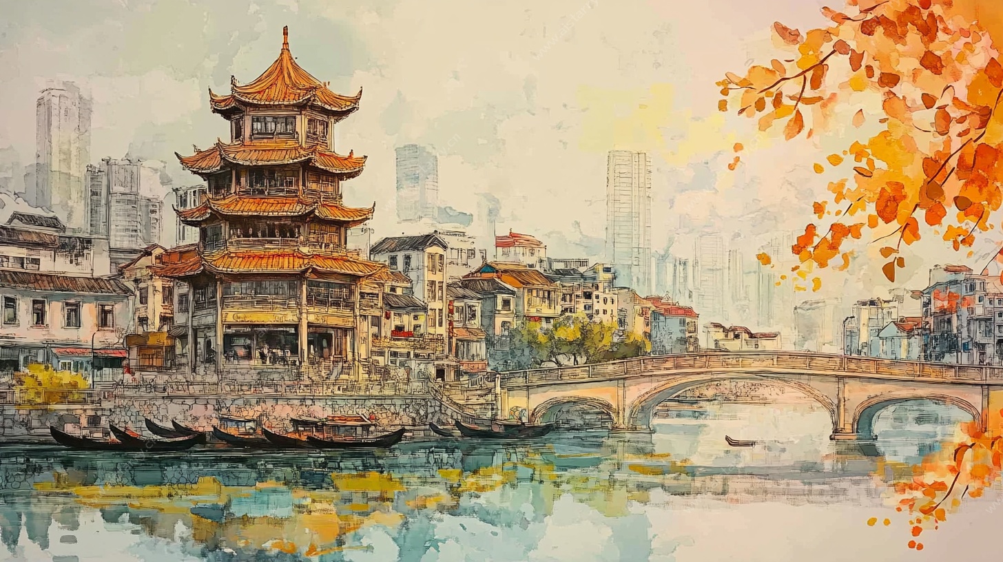 水墨风城市古建筑景观图