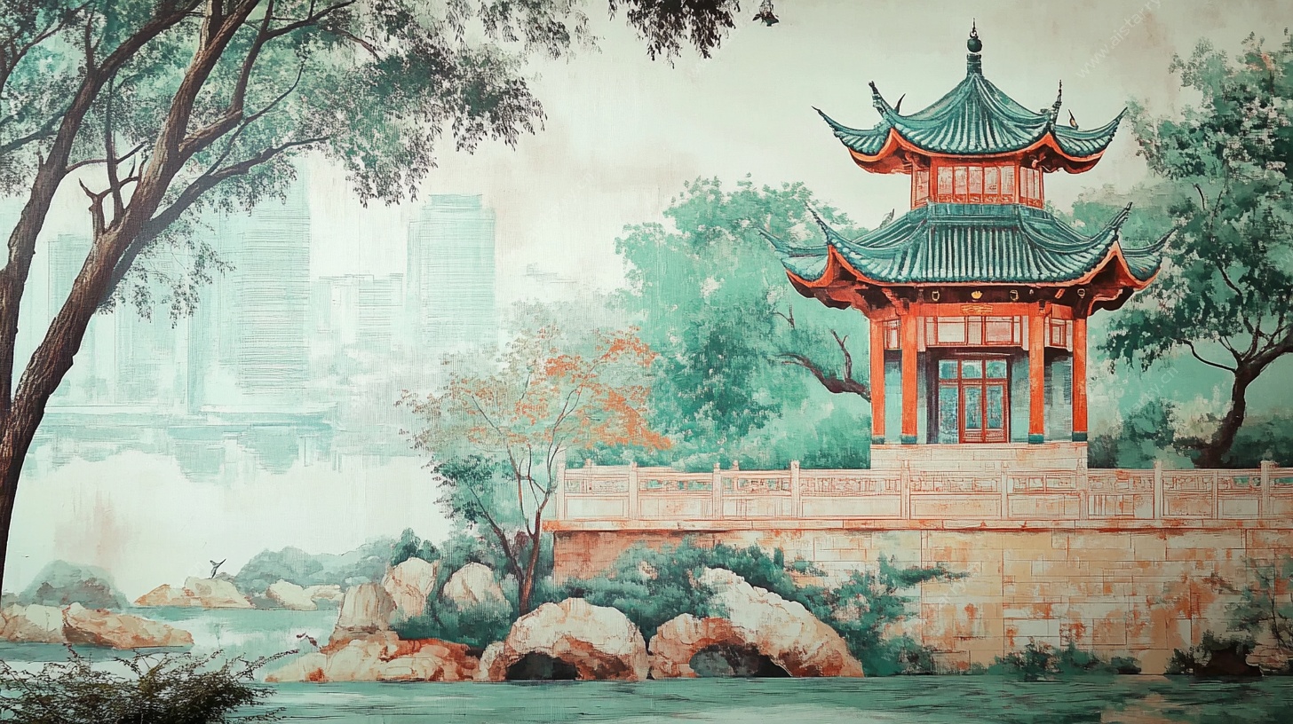 中式古典亭景水墨画