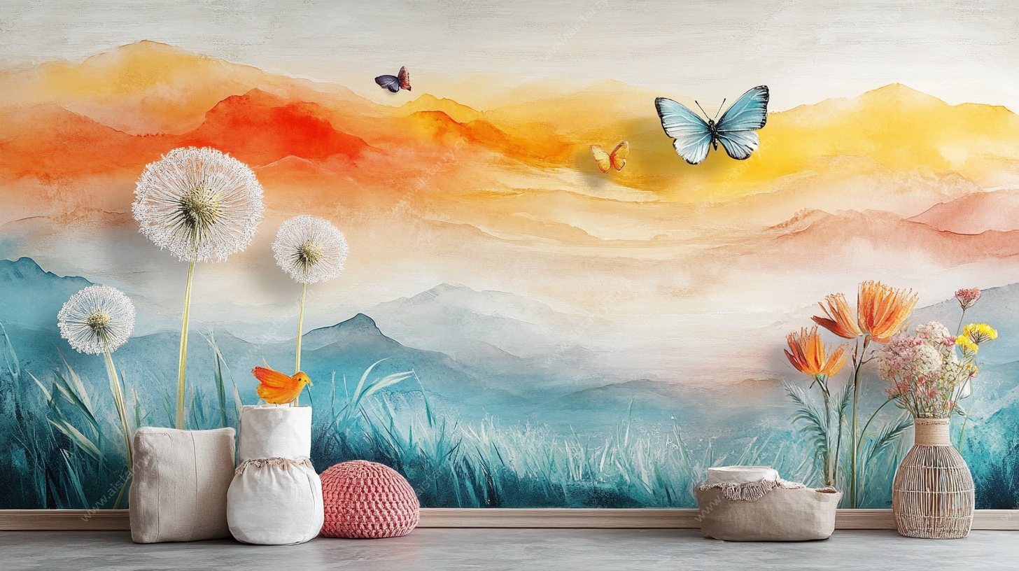 梦幻墙绘前的清新花卉摆件