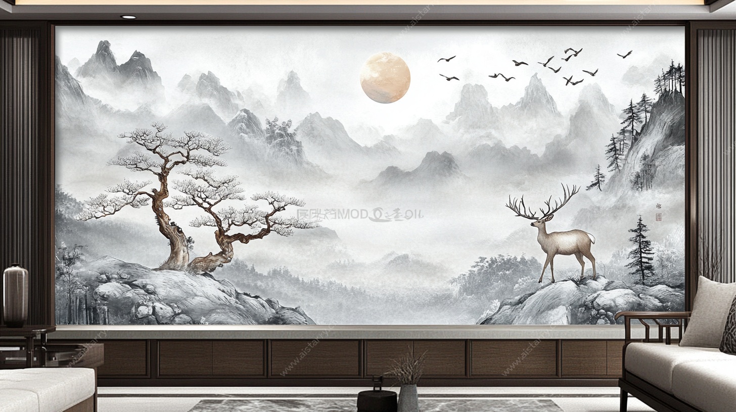 中式山水麋鹿客厅背景墙
