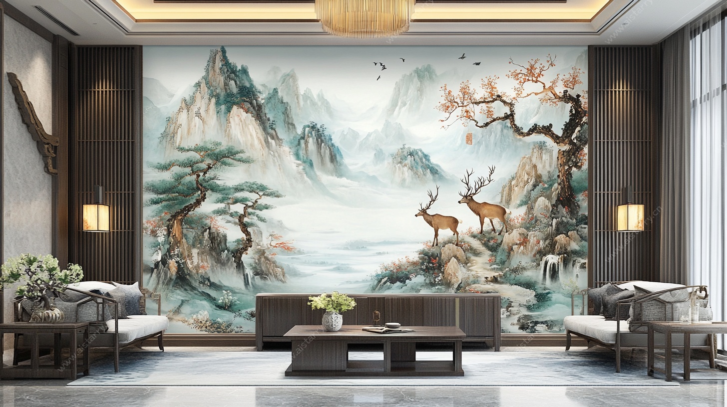 中式客厅山水鹿景壁画