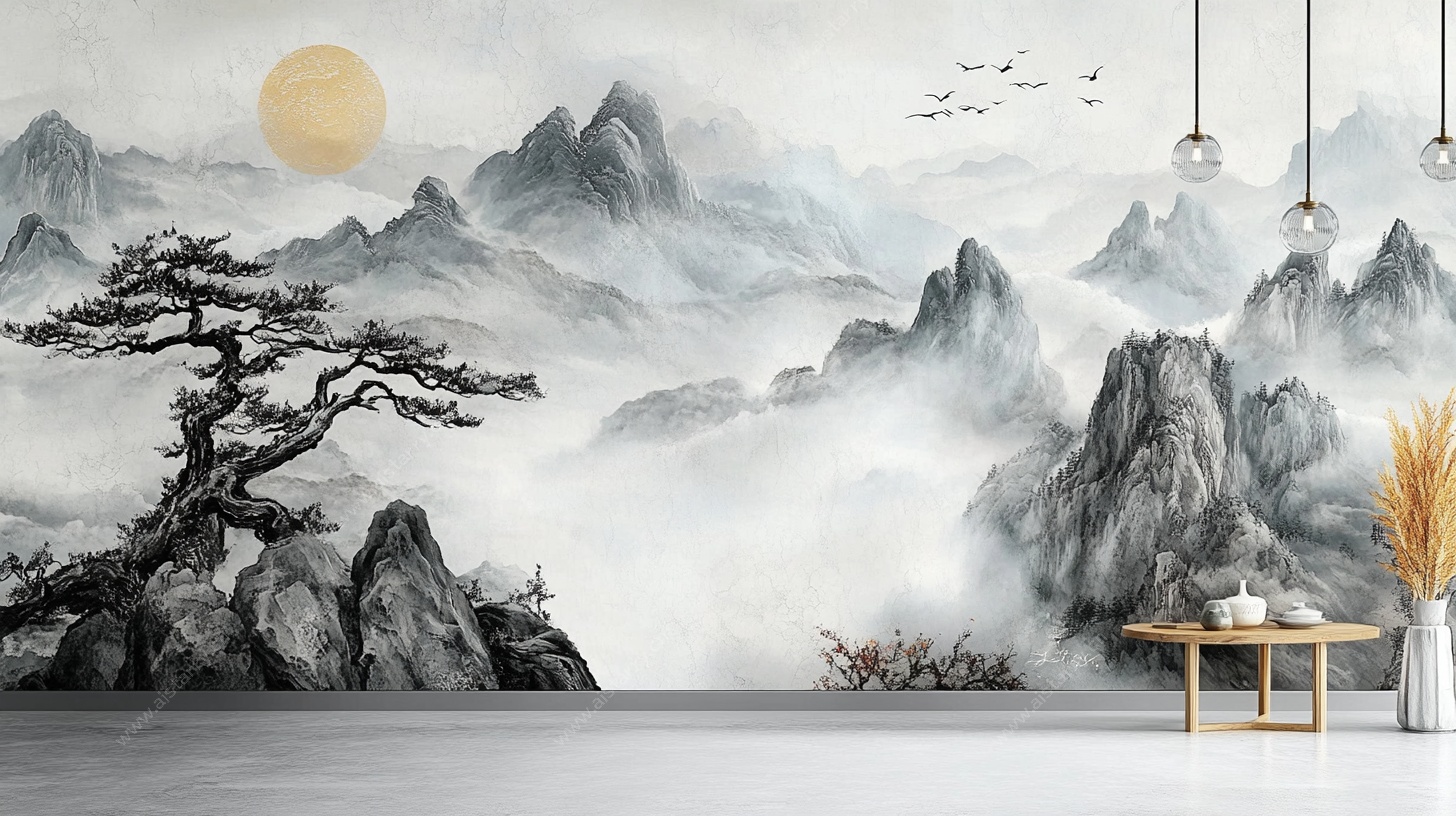 中式水墨山水客厅背景墙