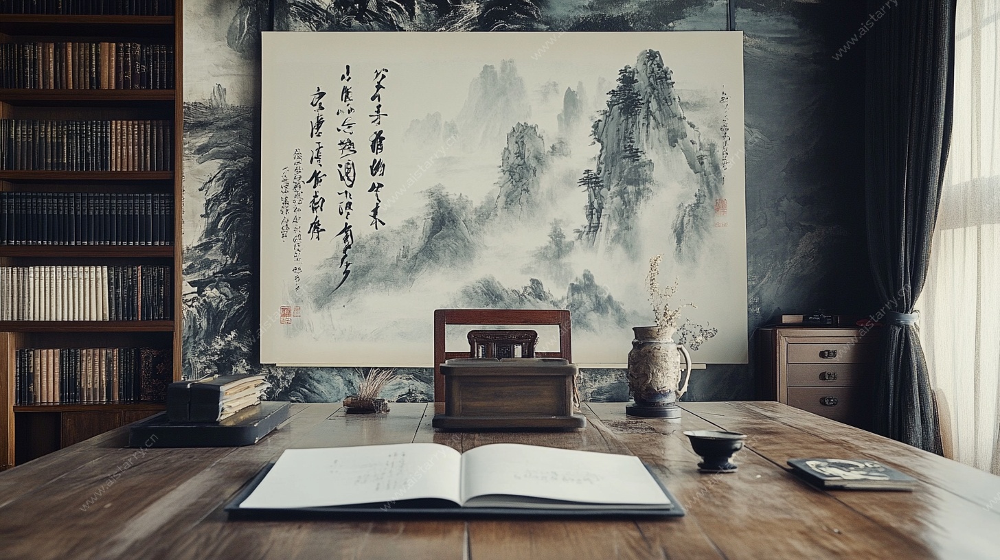 中式书房山水墨画场景