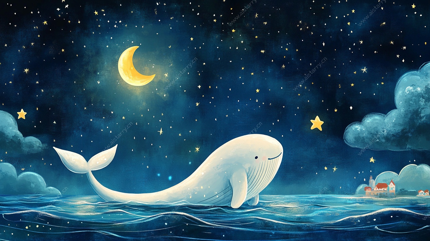 月夜海鲸梦幻插画