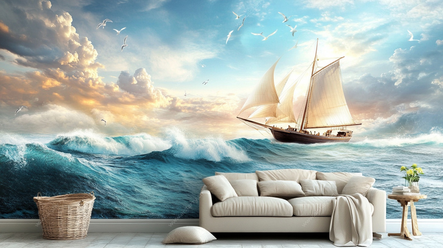 海上帆船客厅壁画风景