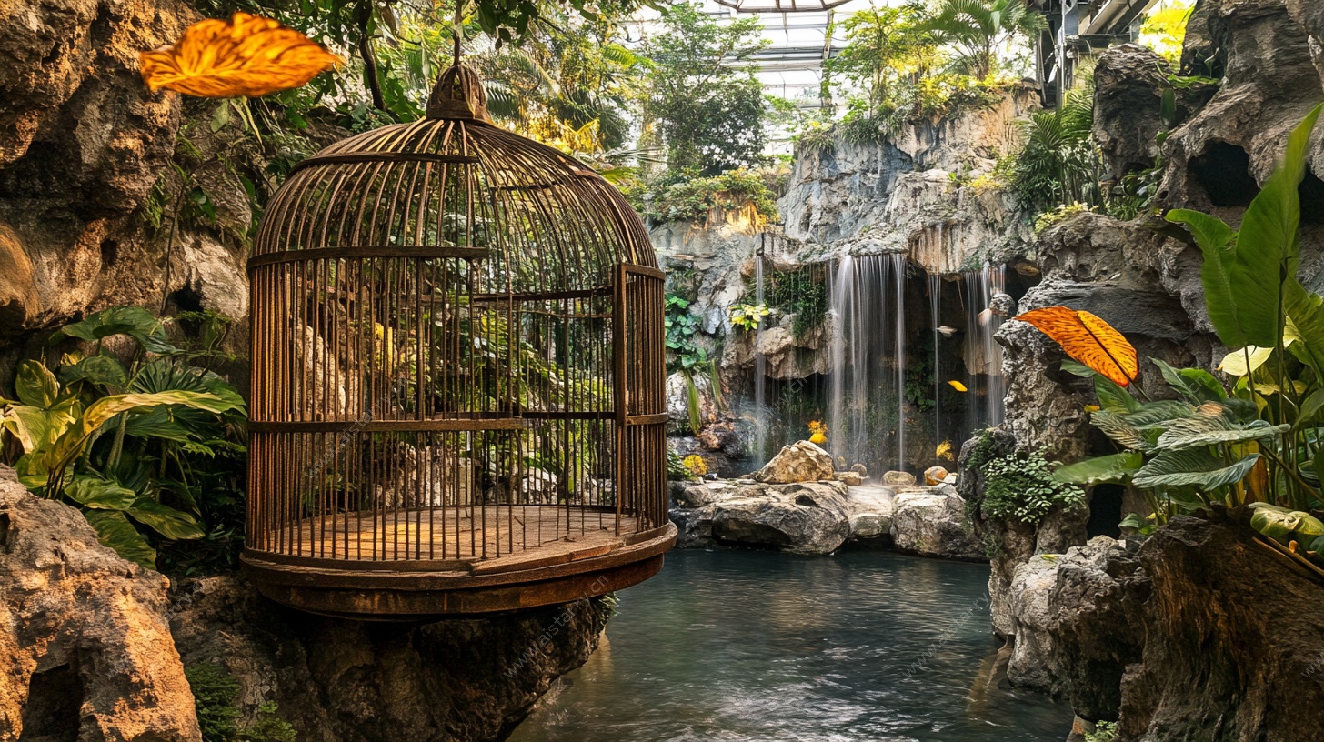 鸟笼置于山水绿植间景观
