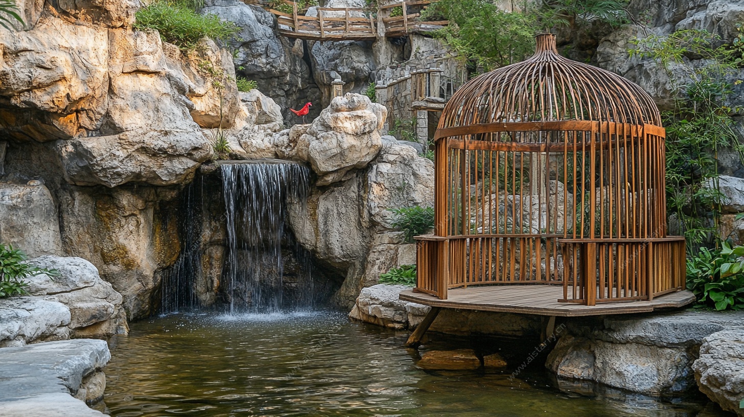 中式园林瀑布旁竹制鸟笼
