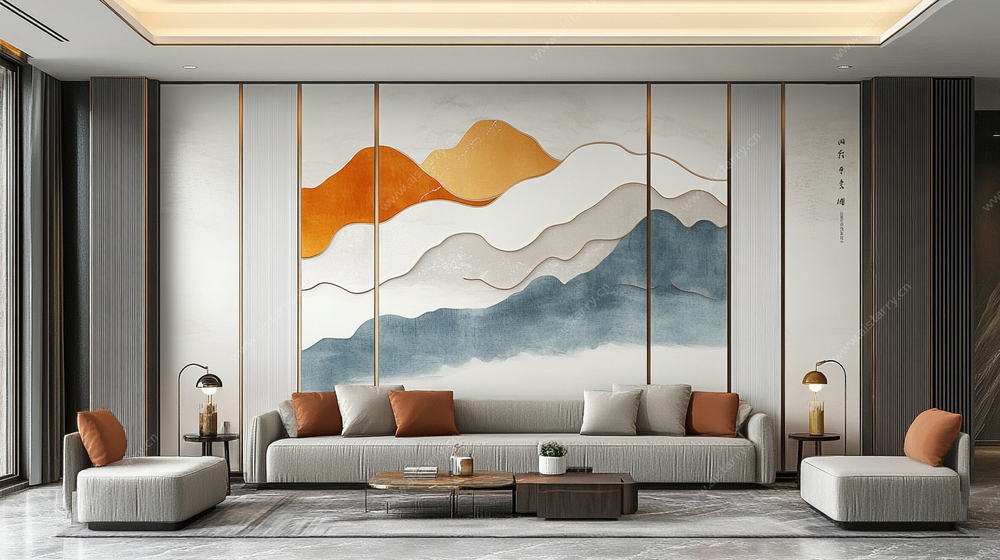 现代中式风客厅装饰画场景