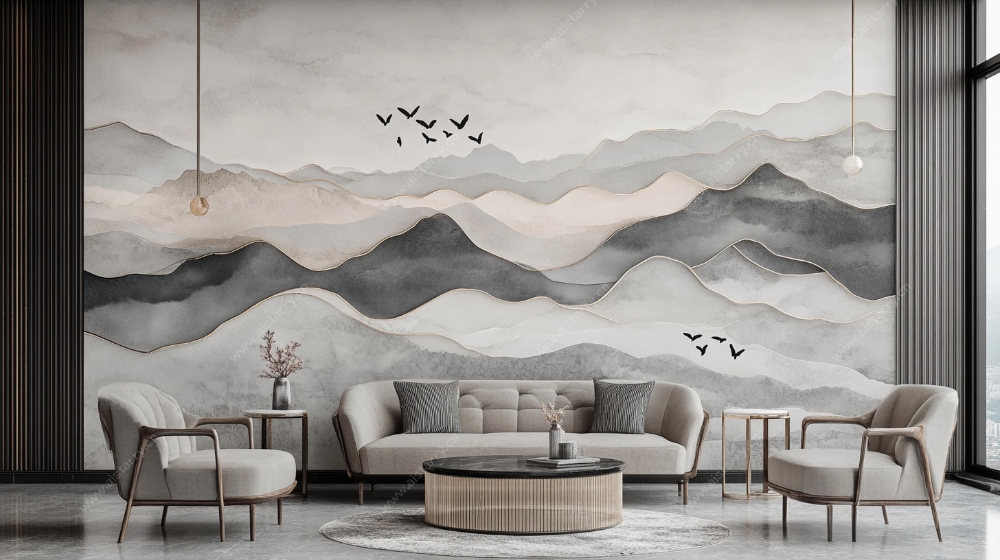 新中式山水风客厅背景墙