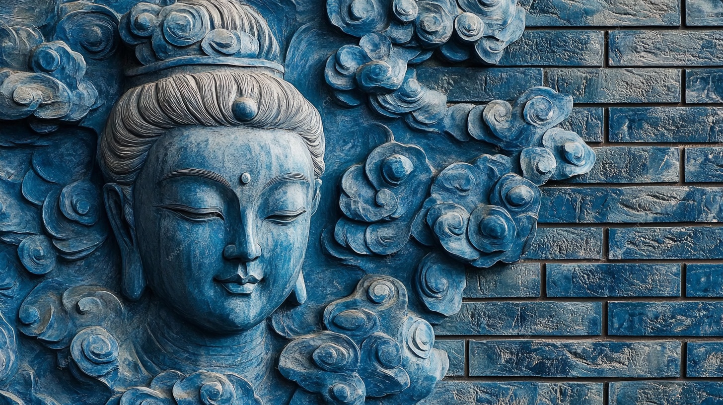 蓝色浮雕佛像墙面装饰