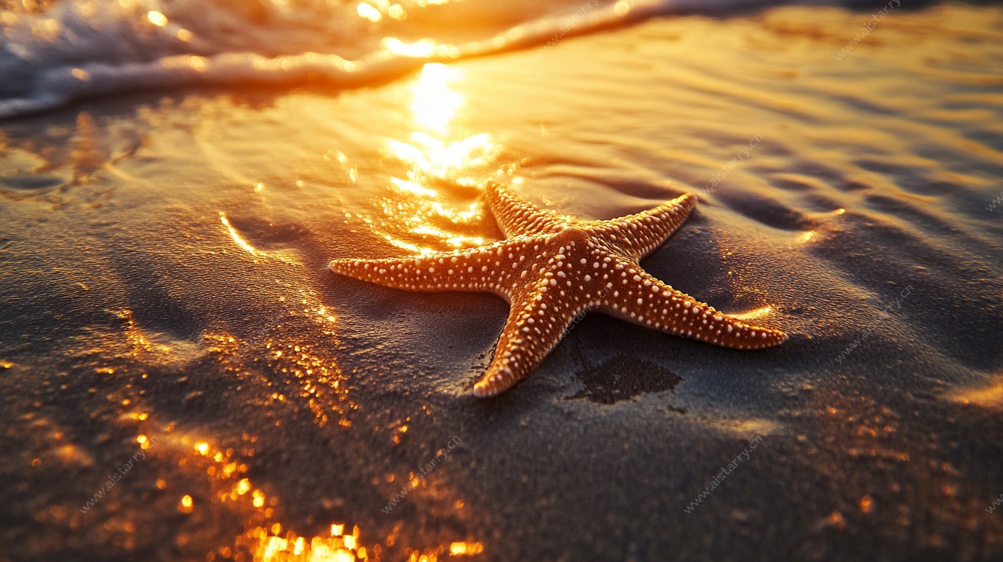 夕阳下沙滩上的海星