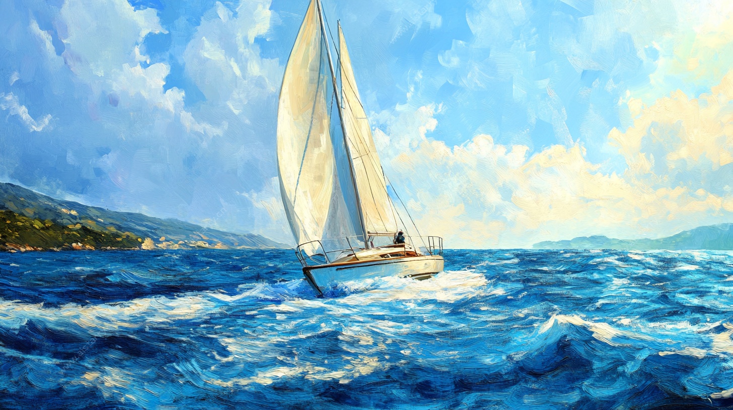 海上帆船油画风景图