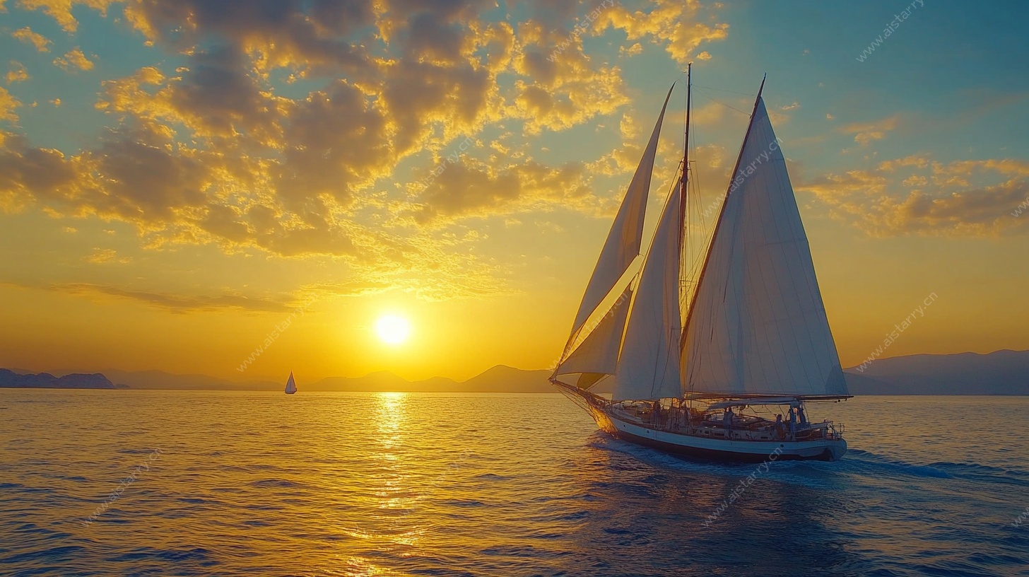 夕阳下的海上帆船航行