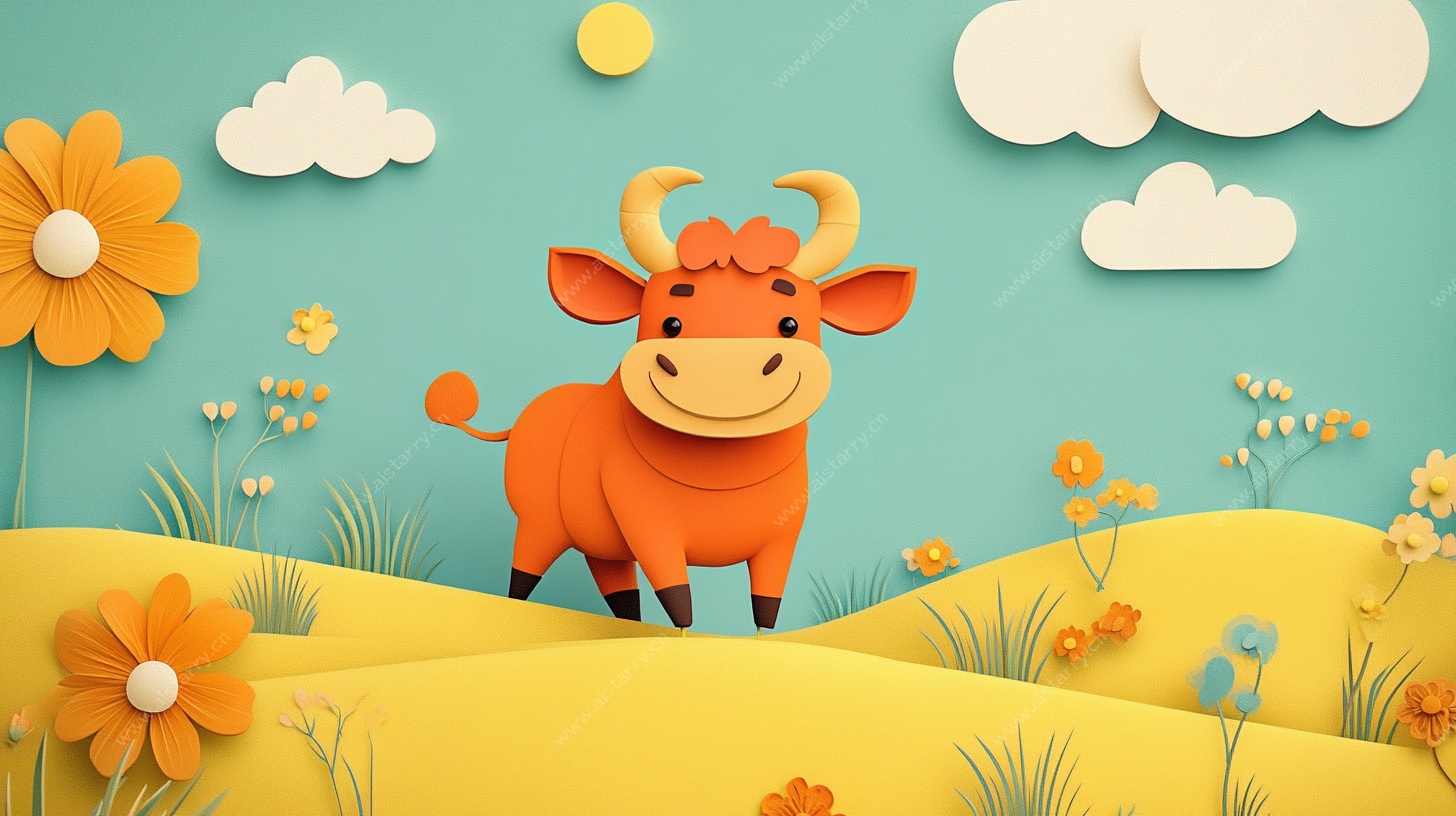 卡通小牛的春日田园场景