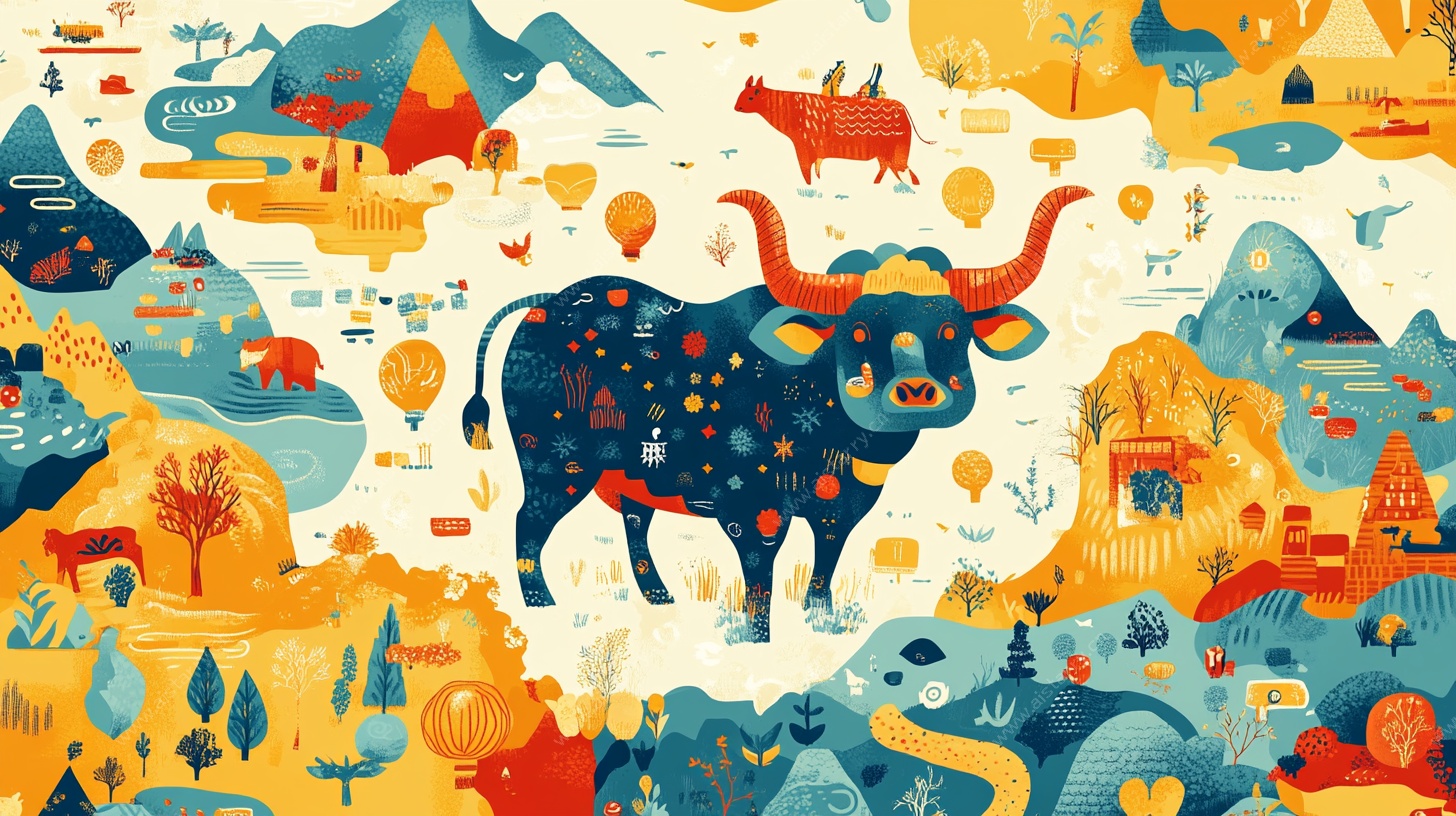 牛年田园风光插画