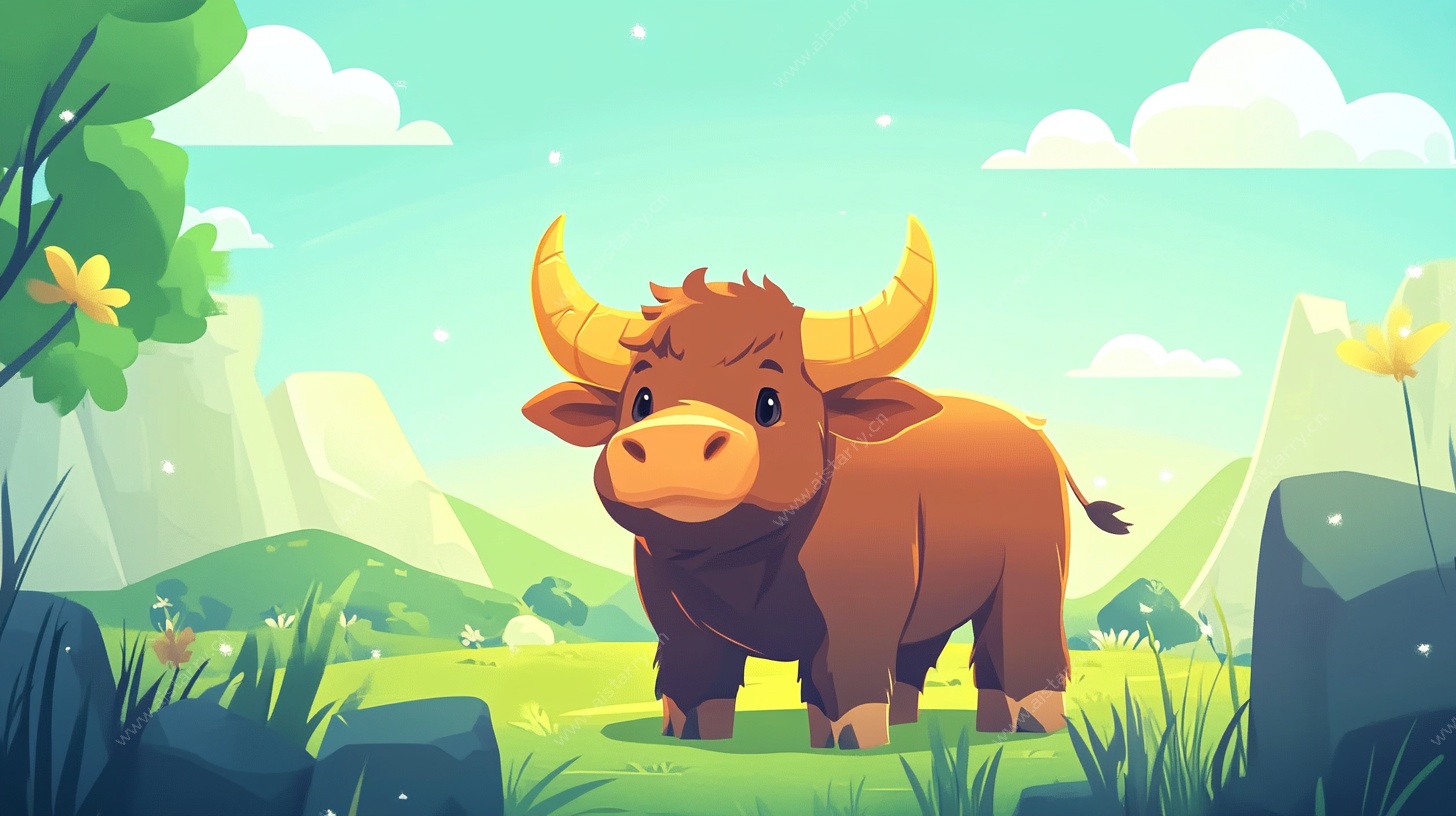 草原上的可爱公牛插画