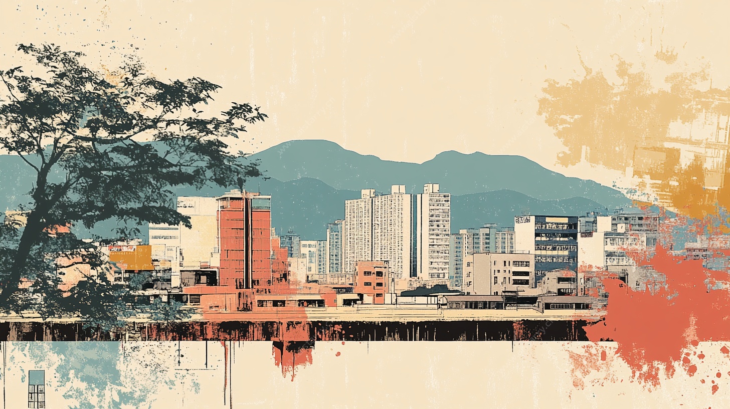 水彩风城市山水景观图