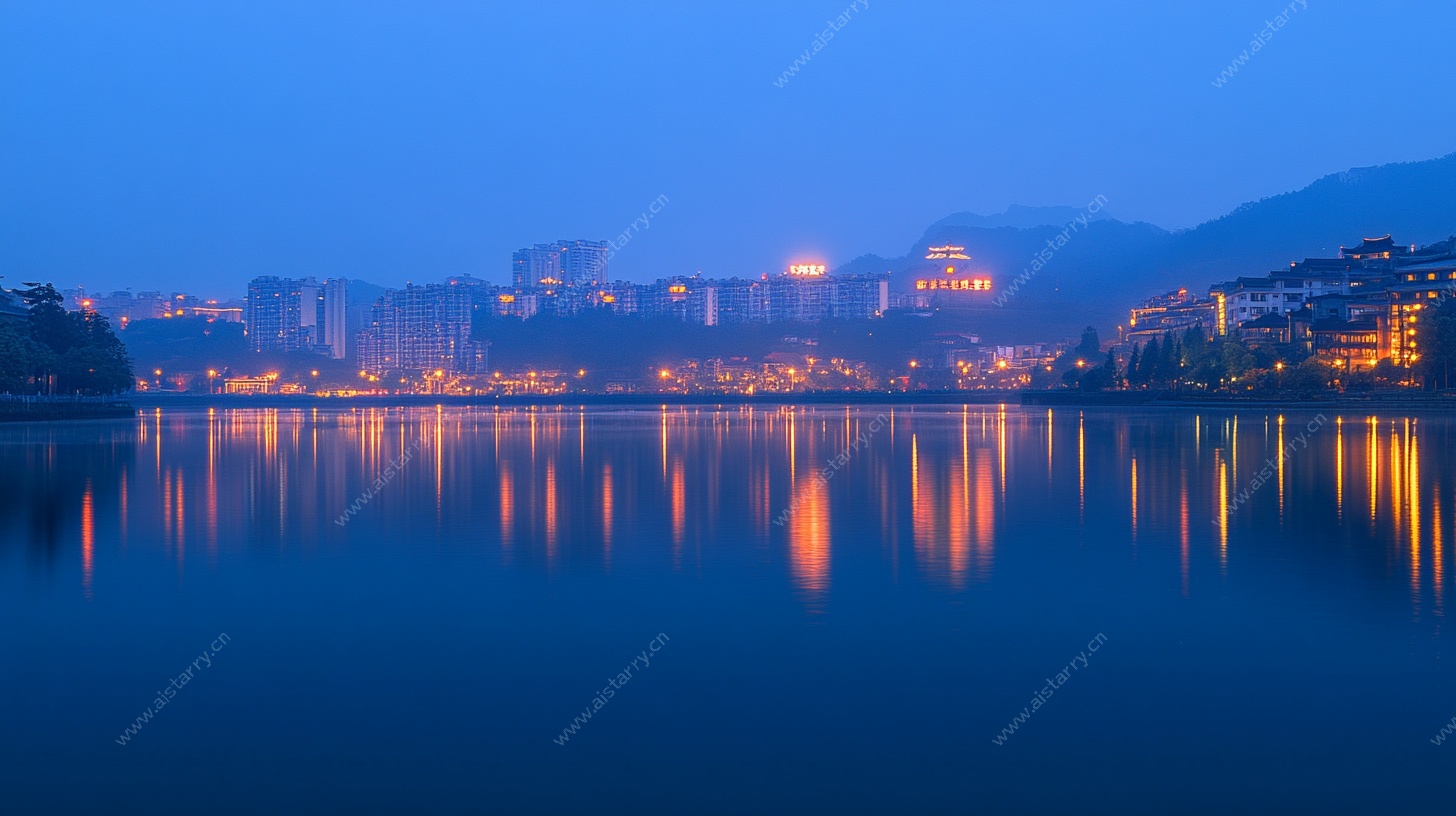 城市湖畔夜景倒影图