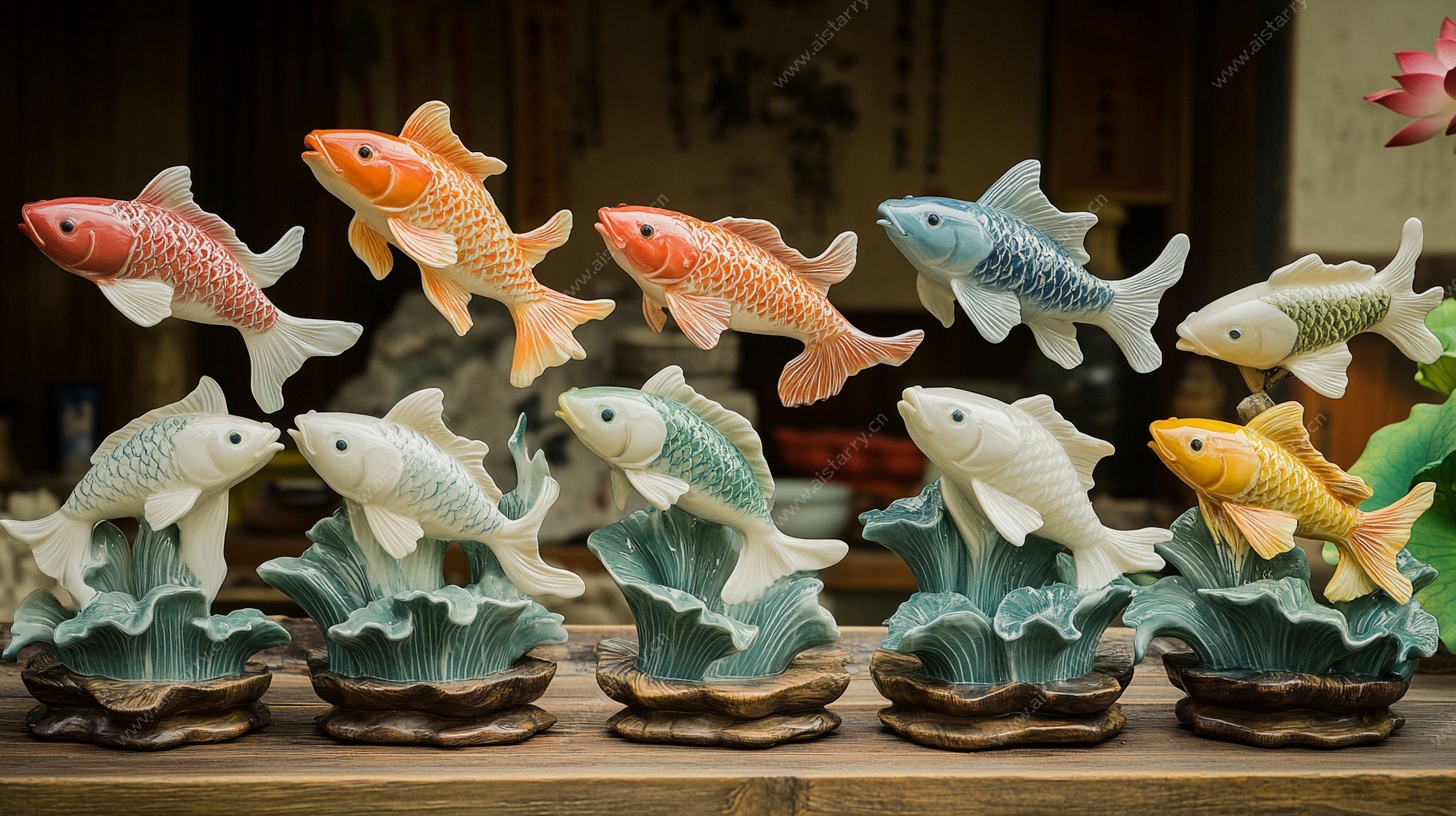 多彩陶瓷金鱼摆件展示