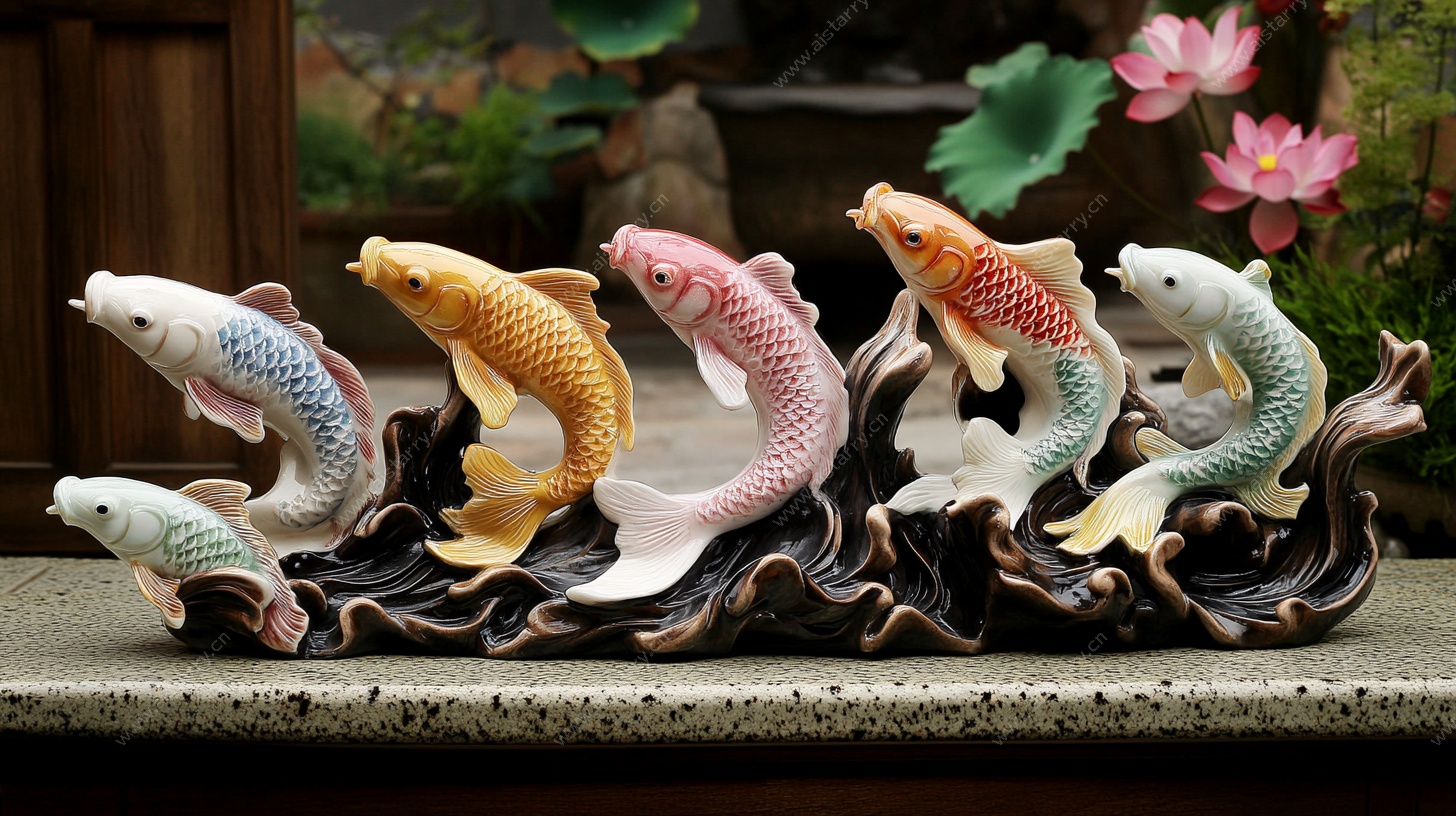 五彩陶瓷锦鲤摆件