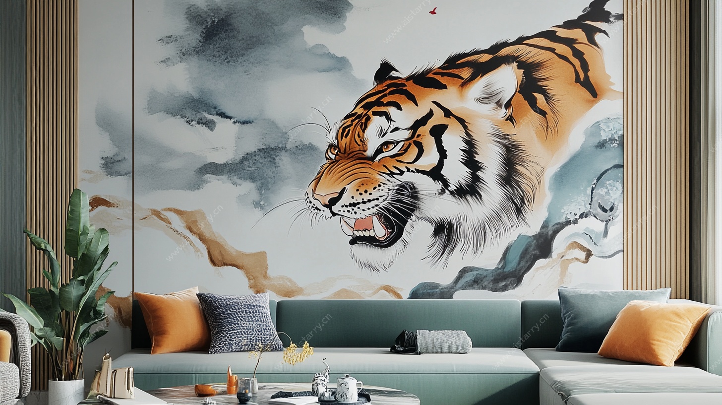 中式猛虎壁画客厅装饰图