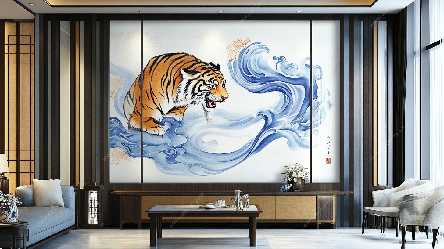 中式客厅猛虎海浪背景墙