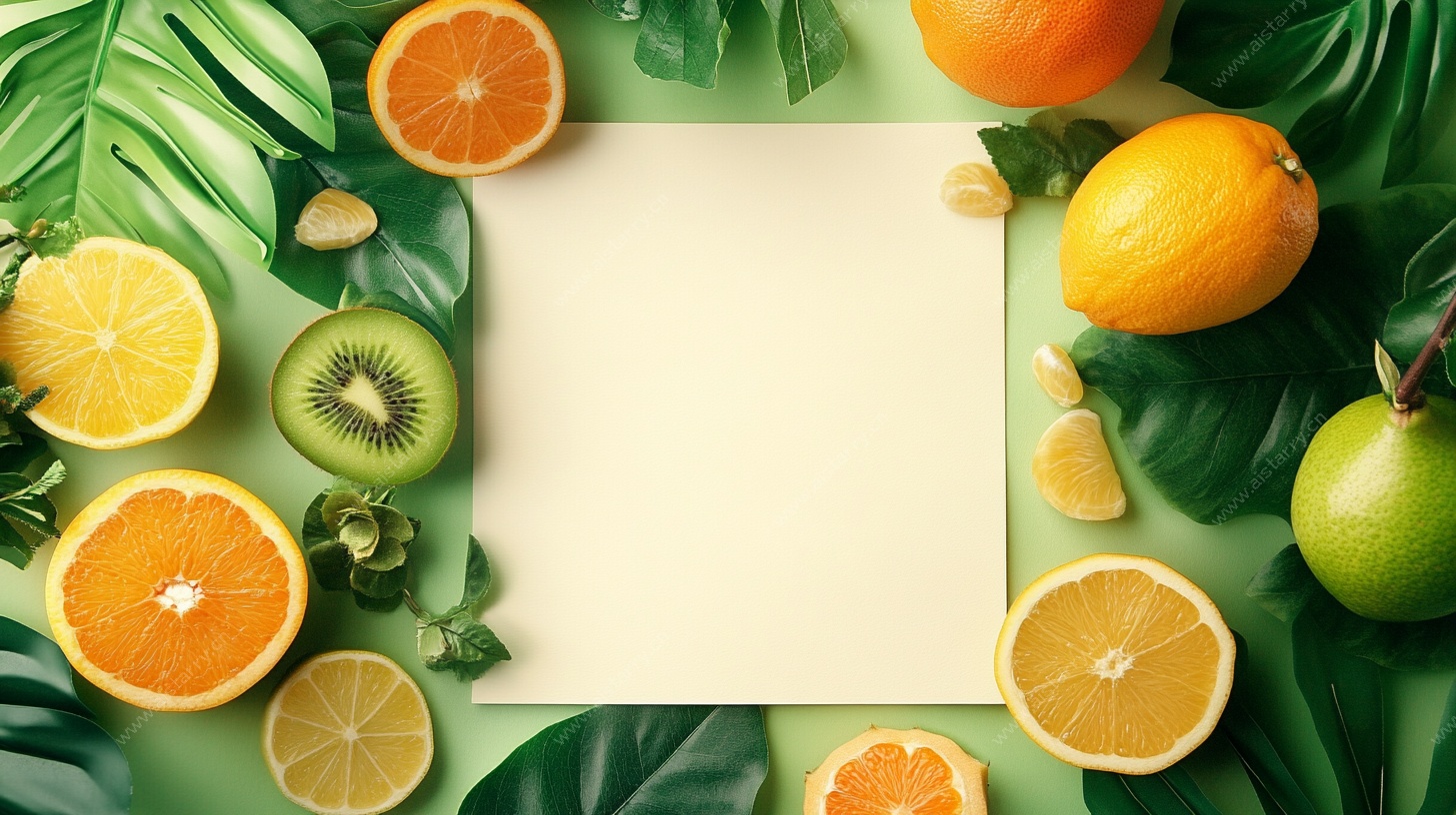 绿叶环绕的多彩水果留白图