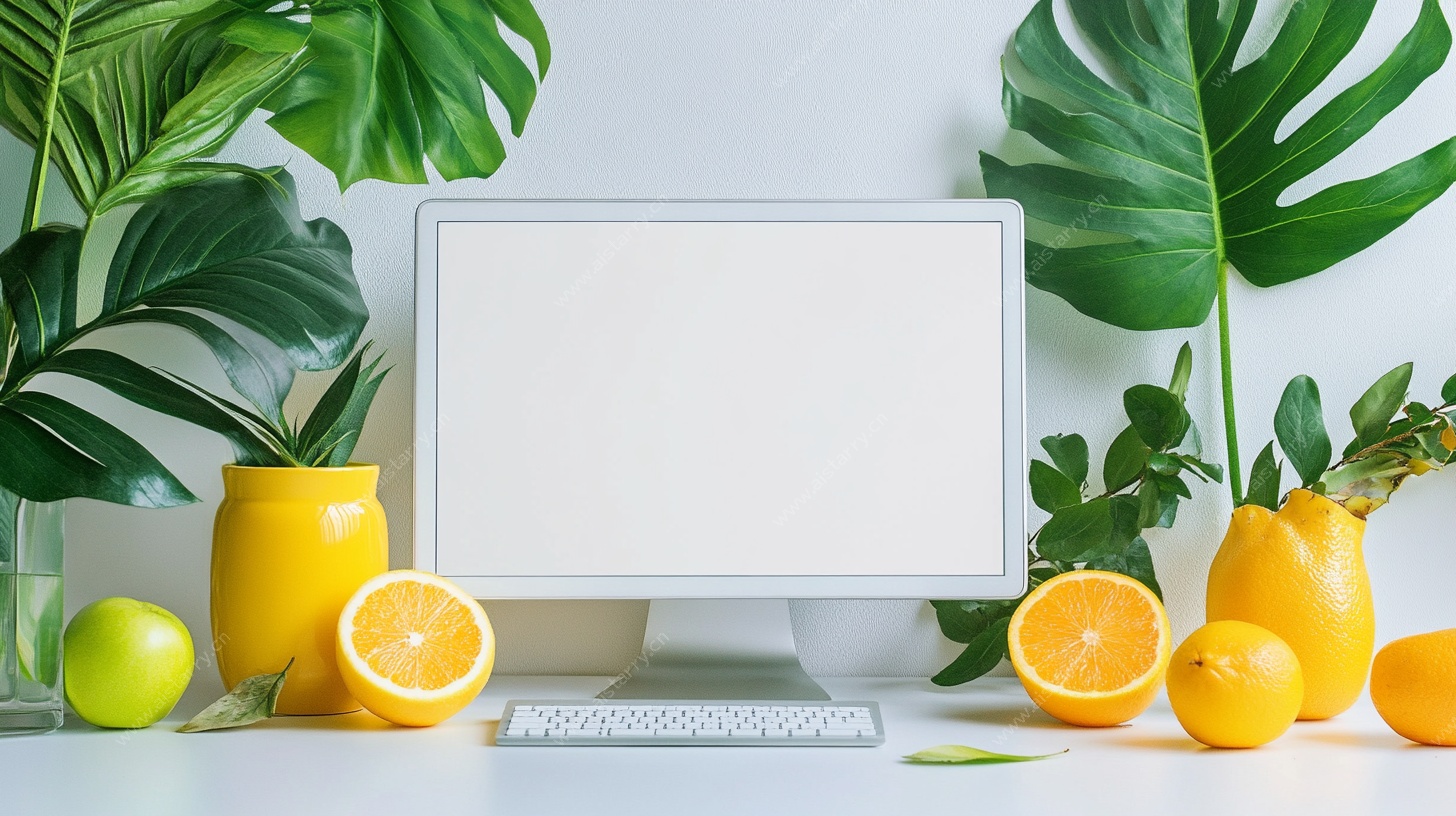 清新绿植电脑办公场景图