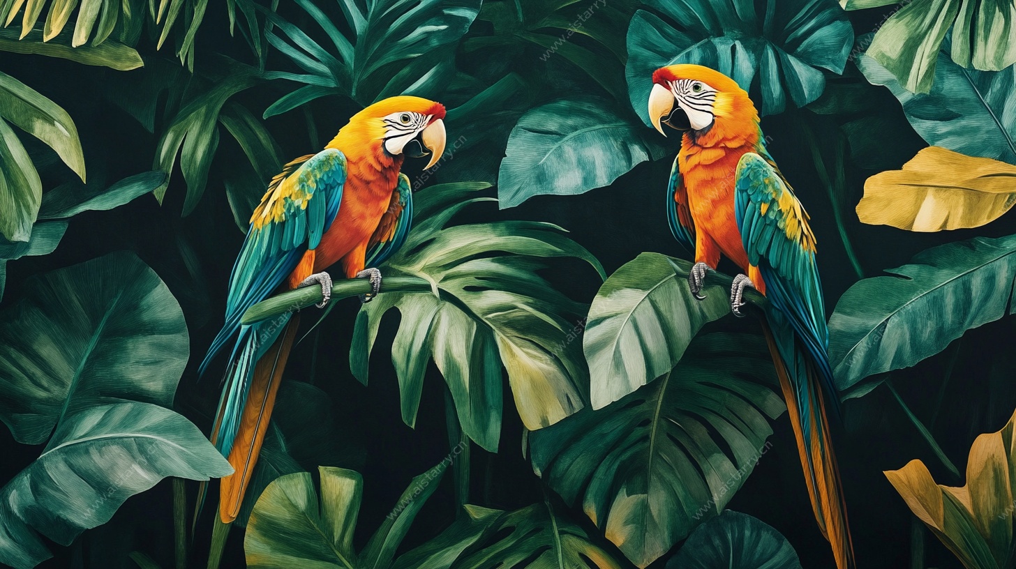 鹦鹉栖于繁茂热带植物间