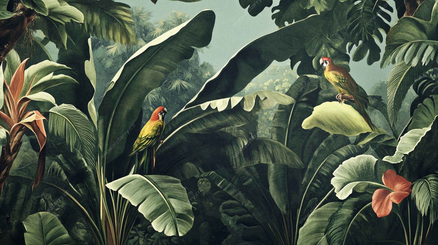 热带丛林中的鹦鹉与植物