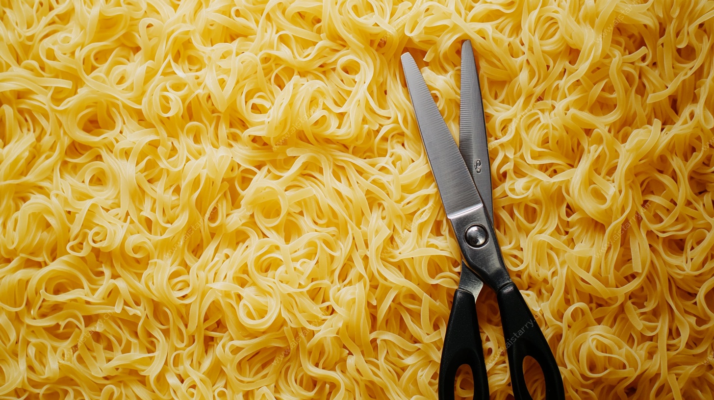 剪刀置于黄色面条之上