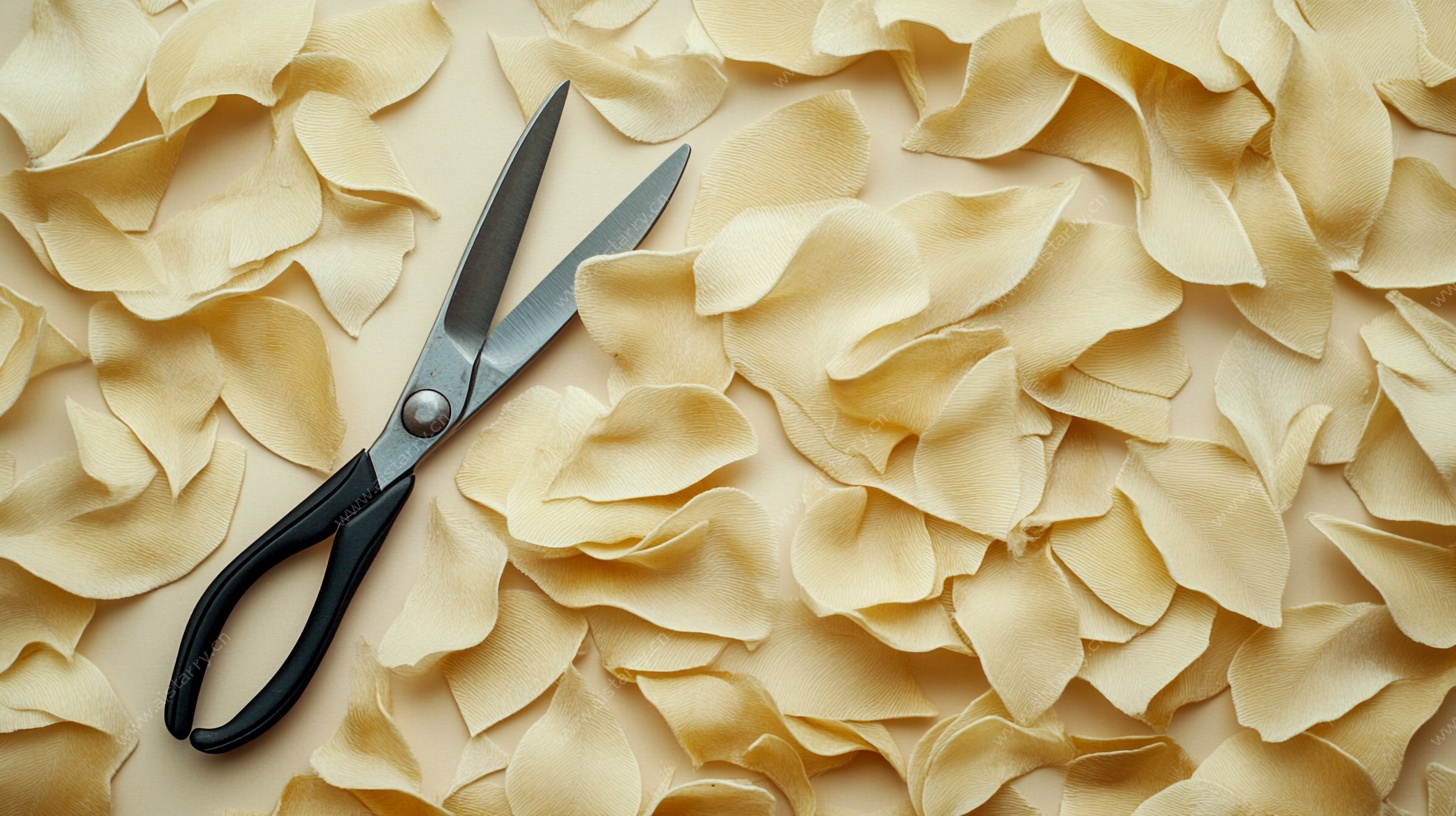 剪刀置于散落的面片面