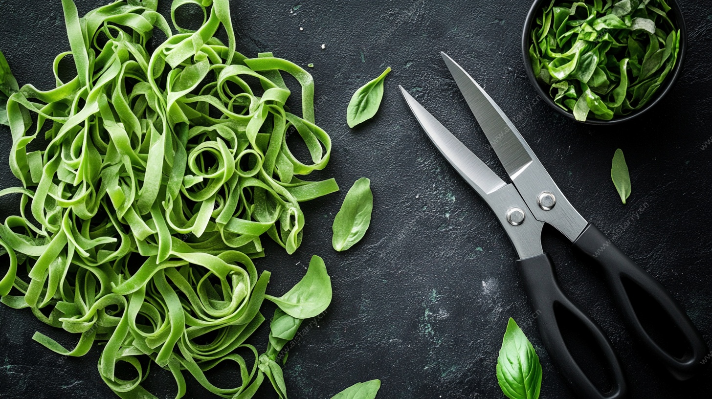 绿色意面与剪刀的清新组合