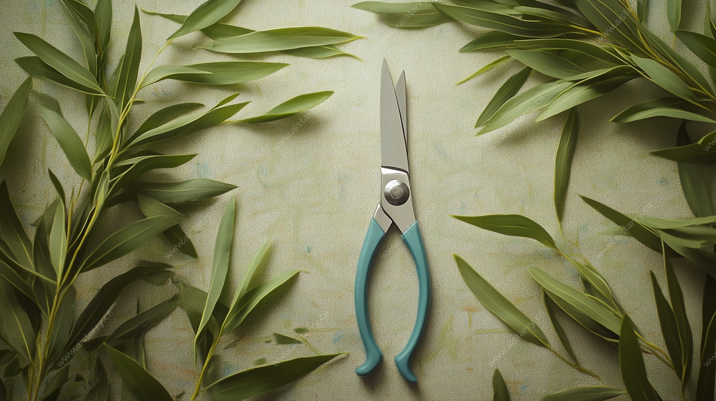 剪刀置于绿叶环绕之中