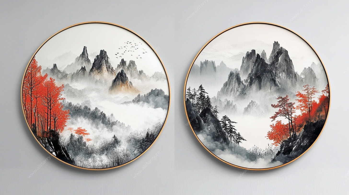 中式山水双圆盘装饰画