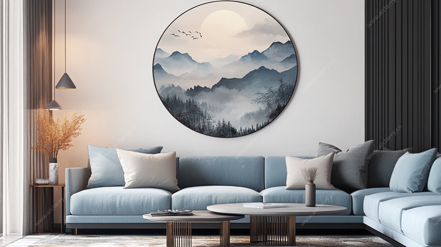 中式客厅圆形山水装饰画