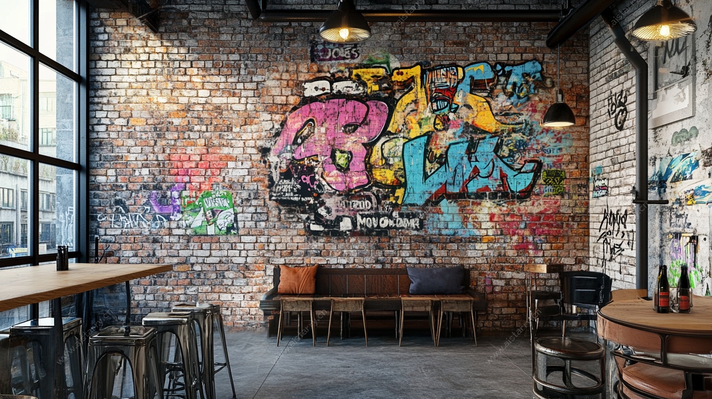 涂鸦风砖墙的个性休闲空间